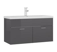 HETFTJN Meuble sous Vasque avec Lavabo Intégré en Céramique, Armoire de Salle de Bain 90 x 38,5 x 46 cm, avec Robinet, Bonde de Vidage et 2 Portes, Gris Brillant