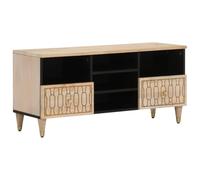 HETFTJN Meuble TV 100x33x46 cm en Bois de Manguier Massif Blanchi, Banc TV avec Motifs Sculptés à la Main et Pieds en Bois, Buffet Bas de Rangement pour Salon et Chambre