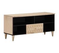 HETFTJN Meuble TV 100x33x46 cm en Bois Massif de Manguier avec Motifs Sculptés à la Main, Banc TV Rustique avec Pieds en Bois et Grand Espace de Rangement pour Salon
