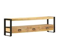 HETFTJN Meuble TV en Bois de Manguier Massif 150x30x45 cm, Buffet Bas de Salon Style Rustique avec Cadre en Acier, Support HiFi avec 3 Tiroirs et 1 Compartiment Ouvert