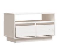 HETFTJN Meuble TV en Bois de Pin Massif Blanc 60x35x37 cm, Petit Buffet Bas de Salon avec 2 Tiroirs et Niche Ouverte, Support Télévision Moderne pour Console de Jeu et DVD
