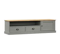 HETFTJN Meuble TV Vigo en Bois de Pin Massif Gris, Banc TV de Salon avec 2 Tiroirs, 1 Porte et Compartiment Ouvert, Buffet Bas Rustique pour Téléviseur, 156 x 40 x 40 cm