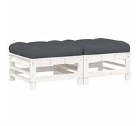 HETFTJN Repose-Pieds de Jardin en Bois de Pin Massif Blanc, Lot de 2 Poufs d'Extérieur Modulaires avec Coussins Anthracite, Tabourets Bas pour Salon de Terrasse et Balcon