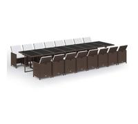 HETFTJN Salon de Jardin 17 Pcs, Ensemble Repas Extérieur en Résine Tressée avec 1 Table en Verre Trempé et 16 Chaises de Jardin, Meubles de Terrasse avec Coussins Blanc Crème, Marron