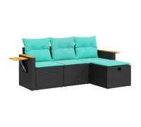 HETFTJN Salon de Jardin 4 Pièces en Résine Tressée Noir - Ensemble Canapé Modulable, Pouf Repose-Pieds, Table d'Appoint et Coussins Bleus - Mobilier Extérieur pour Terrasse