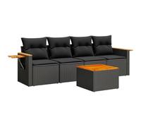 HETFTJN Salon de Jardin 5 Pièces en Résine Tressée Noir avec Coussins Canapé d'Extérieur Modulaire Table Basse en Bois d'Acacia et Tablettes Pliables pour Patio Terrasse
