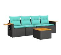 HETFTJN Salon de Jardin 5 Pièces en Résine Tressée Noire, Canapé Modulable d'Extérieur avec Coussins Bleus, Table Basse en Bois d'Acacia et Tablettes Latérales Pliables
