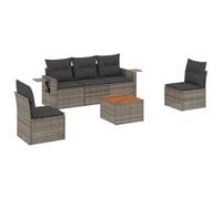 HETFTJN Salon de Jardin 6 Pièces en Résine Tressée, Ensemble Canapé d'Extérieur Modulable avec Coussins Gris, Table en Bois d'Acacia et Tablettes Pliables pour Terrasse et Balcon