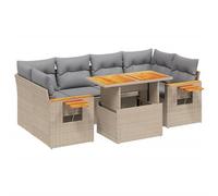 HETFTJN Salon de Jardin 7 Pièces en Résine Tressée Beige, Ensemble Canapé d'Extérieur Modulaire avec Table Réglable en Acacia et Coussins de Siège pour Terrasse et Patio