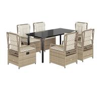 HETFTJN Salon de Jardin 7 Pièces, Ensemble Repas Extérieur en Résine Tressée Beige, Table 160x80cm en Verre Trempé et 6 Chaises Inclinables avec Coussins Amovibles