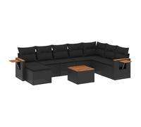 HETFTJN Salon de Jardin 9 Pièces en Résine Tressée avec Coussins Canapé d'Extérieur Modulaire Table en Bois d'Acacia et Tablettes Latérales Rabattables pour Terrasse Balcon Noir