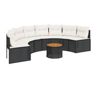 HETFTJN Salon de Jardin Demi-Lune en Résine Tressée Noire, Ensemble Canapé Extérieur Arrondi avec Table Basse en Bois d'Acacia et Coussins Blanc Crème pour Terrasse et Balcon