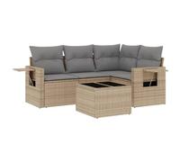 HETFTJN Salon de Jardin en Résine Tressée 5 Pièces, Canapé d'Extérieur Modulaire avec Table Basse en Verre Trempé, Coussins Déhoussables et Tablettes Latérales Rabattables, Beige