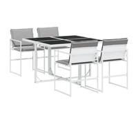 HETFTJN Salon de Jardin Encastrable 5 Pièces, Ensemble Repas Extérieur avec Table en Verre Trempé et 4 Chaises en Textilène Blanc, Coussins Gris Clair pour Terrasse et Balcon