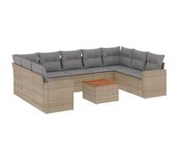 HETFTJN Salon de Jardin Enfilade 10 Pcs Beige - Ensemble Canapé Modulaire en Résine Tressée avec Coussin Gris Clair pour Balcon Terrasse Arrière-Cour, Table en Bois d'Acacia et Structure Acier