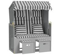 HETFTJN Strandkorb avec Coussins Résine Tressée et Bois Massif, Fauteuil de Plage Inclinable avec Auvent et Repose-Pieds Retractables, Transat de Jardin 2 Places, Gris et Blanc
