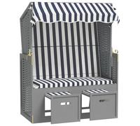 HETFTJN Strandkorb Cabine de Plage avec Auvent, Chaise Longue de Jardin en Résine Tressée et Bois de Pin, Dossier Réglable 3 Positions et Repose-Pieds Extensibles, Bleu et Blanc