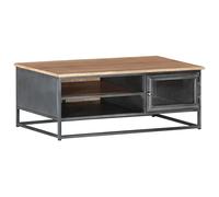 HETFTJN Table Basse Bois d'acacia Massif 90x50x35 cm, Table de Salon rectangulaire avec Rangement et Porte en Verre, Design Moderne Industriel avec Pieds en Acier, Gris