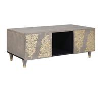 HETFTJN Table Basse Bois de Mangue Massif 100 x 54 x 40 cm, Table de Salon avec Rangement, Porte et Pieds en Laiton, Design Moderne Gris Mat, Meuble de Salon Rectangulaire