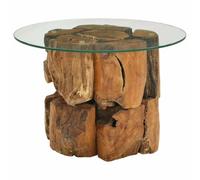 HETFTJN Table Basse en Bois Flottant de Teck Massif et Verre Trempé, Table d'Appoint Rustique Design Artisanal, Diamètre 60 cm pour Salon, Mobilier Décoratif
