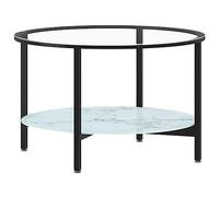 HETFTJN Table Basse Ronde Effet Marbre Blanc et Noir, Table à Thé Moderne de 70 cm avec Plateau en Verre Trempé et Double Étagère de Rangement, Bout de Canapé pour Salon