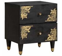 HETFTJN Table de Chevet en Bois de Mangue Massif Noir, Cabinet de Chevet Moderne avec 2 Tiroirs, Poignées et Pieds en Laiton, Petit Meuble de Rangement pour Chambre, 40 x 33 x 46 cm