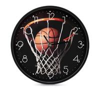HETPLSD Horloge murale de basket-ball 25,4 cm silencieuse sans tic-tac | Horloge murale ronde à piles, cadran en verre trempé, horloge décorative moderne pour la maison, la salle à manger