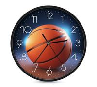 HETPLSD Horloge murale en forme de ballon de basket-ball 25,4 cm | Horloge murale ronde à piles, cadran en verre trempé, horloge décorative moderne pour la maison, la salle à manger