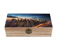 HETVBNS Grande boîte de rangement en bois avec couvercle et fermoir à l'avant - Paysage de la ville de New York - Boîte à bijoux en bois pour bureau - Magnifiques boîtes à souvenirs - Organisateur de