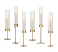 Hewory Bougeoirs en or en verre cylindrique: Lot de 6 porte-bougies en métal pour bougies à piquer pour décoration de salon vintage, grand porte-bougie avec photophore en verre pour Noël, mariage