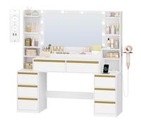 HEXCELEN 135cm Coiffeuse avec Miroir et multiprise intégrée, Blanc-Or | Table de Maquillage avec 3 Lumières LED à Luminosité Réglable, Support pour Sèche-Cheveux, 8 Tiroirs et Étagères Ouvertes