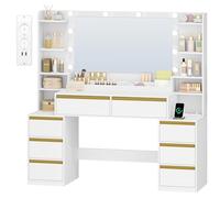 HEXCELEN 135cm Coiffeuse avec Miroir, Table de Maquillage avec 3 Lumières LED à Luminosité Réglable, Prises de Courant, Support pour Sèche-Cheveux, 8 Tiroirs et Étagères Ouvertes, Blanc-Or