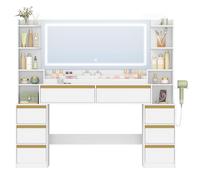 HEXCELEN 149cm Coiffeuse avec Miroir, Table de Maquillage avec 3 Lumières LED à Luminosité Réglable, Prises de Courant, Support pour Sèche-Cheveux, 8 Tiroirs et Étagères Ouvertes, Blanc-Or