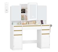 HEXCELEN Coiffeuse avec Miroir Triple, 40 × 108 × 143,2 cm, Blanc | Coiffeuse avec miroir LED, Luminosité Réglable, Coiffeuse avec Prise, Support pour Sèche-Cheveux, Tiroir et Armoire