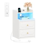 HEXCELEN Table de Chevet avec Lumière LED et Multiprise, Blanc