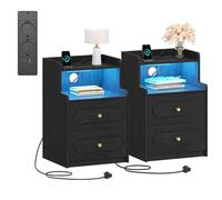 HEXCELEN Table de Chevet Lot de 2 avec Lumière LED et Multiprise, Table de Nuit avec 2 Tiroirs et 1 Compartiment Ouvert, Tables d'appoint avec Rangement, pour Chambre à Coucher, Salon, Moderne, Noir