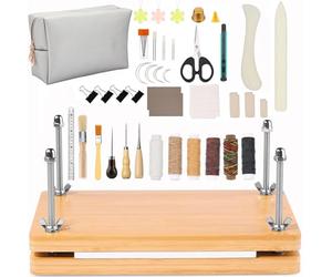 HEYOUTH Kit de Reliure pour Livres en Bois, 48 Pièces (Presse à Livre, Plioir, Couvertures, Alène, Ruban) - Outils de Reliure Manuelle Portables pour Projets DIY et Créations Artisanales(37,5x29 cm)