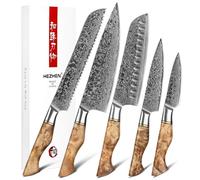 HEZHEN Ensemble de Couteaux 5 Pièces -Set de Couteaux de Cuisine Chef Damas Pain Santoku Universel Paring-Poignée en Bois de Sycomore Figuré
