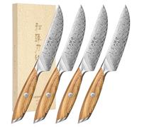 HEZHEN Set de Couteaux à Steak en Acier Damas, Ensemble de Couteau à Table | Lame de 13,5 cm, Acier Damas en Poudre,Manche en Bois d'Olivier, Idéal pour la Cuisine Occidentale, Steaks, Rôtis et BBQ