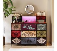 HFASD Coiffeuse à motif vintage avec éclairage, sans miroir, 13 tiroirs et 2 compartiments, prise de courant, LED, buffet bohème Vanity pour chambre à coucher, 109,2 x 28 x 97,3 cm
