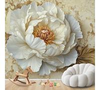 hgjdjhnf Papier peint photo mural - Motif 3D de pivoines blanches sur fond marbre luxueux, décoration murale moderne pour salon ou chambre, 300 cm x 210 cm, poster - sticker mural - image sans cadre