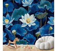 hgjdjhnf Papier peint photo mural - Motif de lotus bleu style chinois moderne pour salon ou chambre, décoration murale zen, 250 cm x 175 cm, poster - autocollant mural - image sans cadre