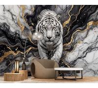 hgjdjhnf Papier peint photo mural - Motif Tigre Blanc 3D Marbre Noir et Or, intissé, moderne, pour salon, chambre ou salle à manger, 250 cm x 175 cm, poster - sticker mural - sans cadre