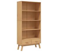 HGLADYU Bibliothèque avec tiroirs en pin massif, 4 compartiments ouverts et 2 tiroirs, design scandinave, poignées en bois et pieds en bois, marron