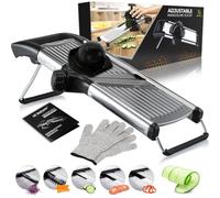 HI NATURE™ Mandoline de Cuisine Professionnelle en Inox | Coupe-Légumes Multifonctions Réglable de 1 à 9 mm | Trancheuse Manuelle pour Julienne, Frites & Oignons avec 2 Gants Anti-Coupure & Poussoir
