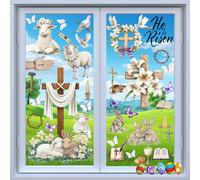 Hianjoo 52 Pièces Pâques Fenêtre Autocollants, He is Risen - 9 Feuilles d'Autocollant Sticker Religieux pour Fenêtre de Pâques avec Croix, Lapin, Agneau, Iris, Autocollants Pâques Décoration