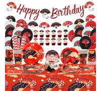 Hibachi Décorations de fête japonaises pliantes - Bannière « Happy Birthday », gâteaux, vaisselle, nappe et ballons pour les fans chinois et japonais, pour 20 personnes