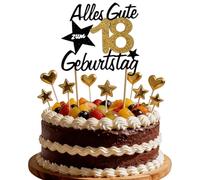 Hibarby Décoration De Gâteau D'Anniversaire 18 Ans, Happy 18th Birthday Cake Topper, Décoration De Gâteau Avec Amour Étoiles En Or, 1 Pièce