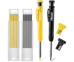 Hiboom 2 Pièces Crayon de Charpentier avec 14 Recharges, Marqueur de Crayon Mécanique à Long Nez à Trou Profond Outil de Marquage avec Affûteur Intégré pour Menuisier (Noir, Jaune)