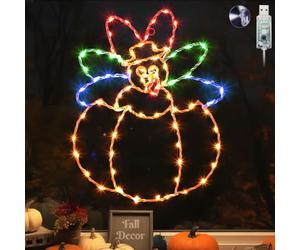 Hiboom Grande guirlande lumineuse en forme de citrouille de dinde de Thanksgiving avec minuteur, 8 modes alimentés par USB pour décoration d'automne, maison, fête, intérieur et extérieur (jaune, rouge
